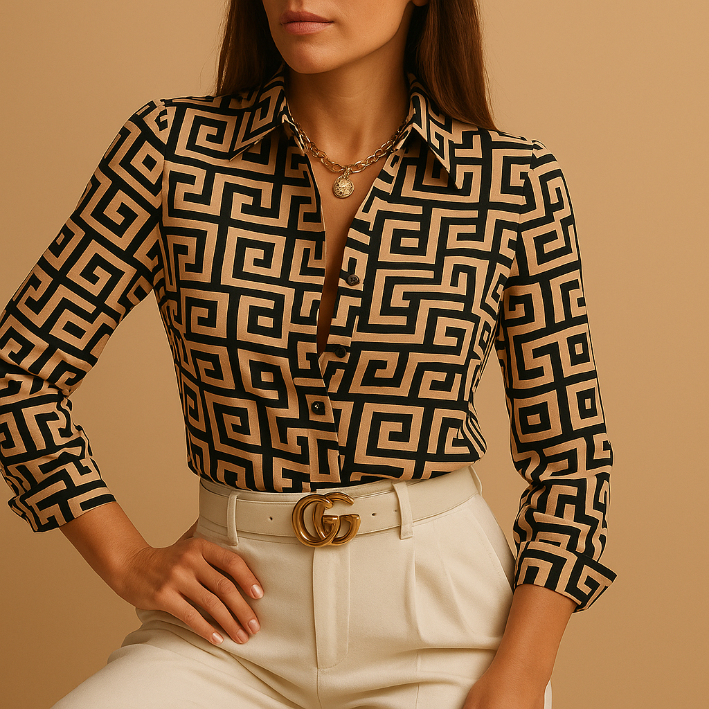 Woman wearing a lightweight printed blouse with a bold design, perfect for casual days, work, or elegant evenings