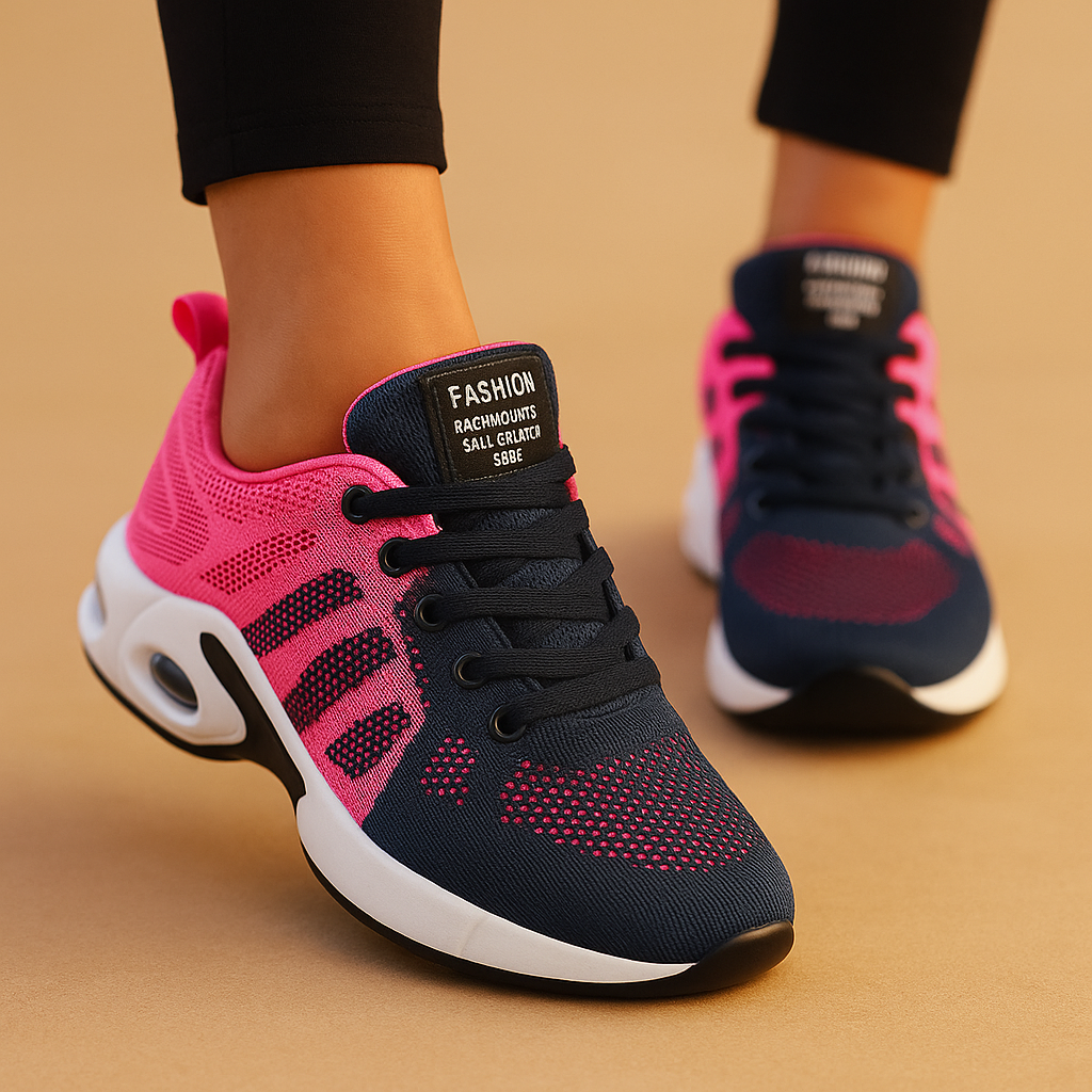 Breathable lightweight running sneakers for women in white, black, pink, and blue, ideal for fitness, walking, and casual wear.
