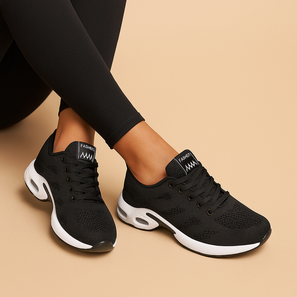 Breathable lightweight running sneakers for women in white, black, pink, and blue, ideal for fitness, walking, and casual wear.