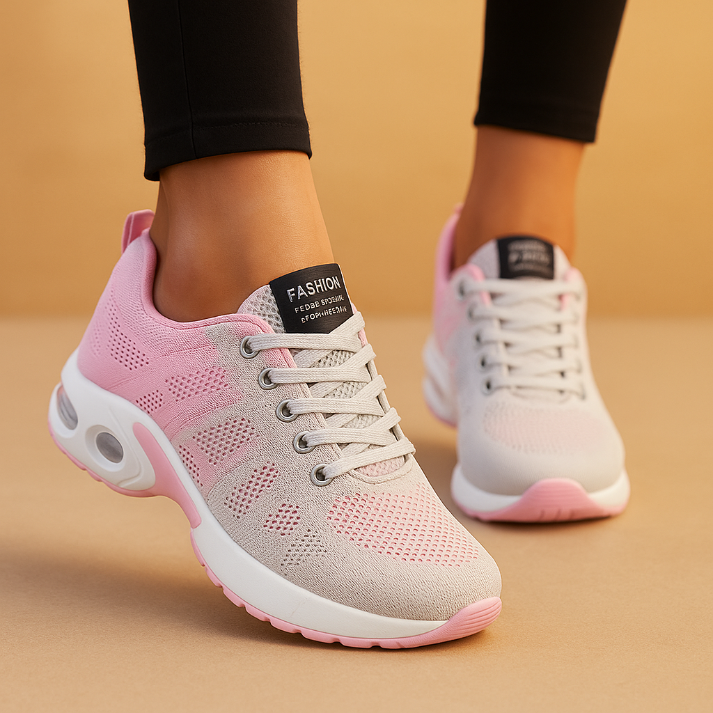 Breathable lightweight running sneakers for women in white, black, pink, and blue, ideal for fitness, walking, and casual wear.