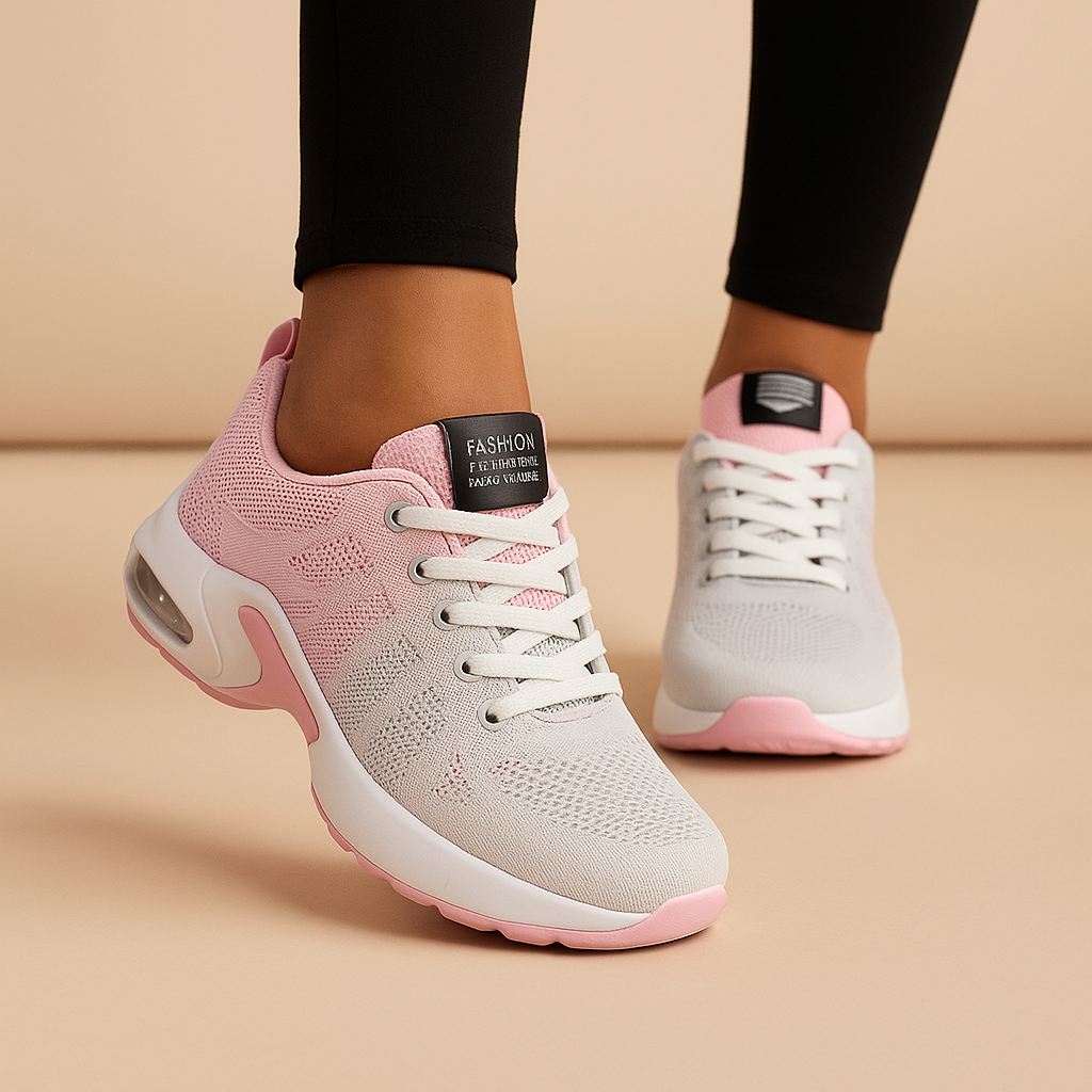 Comfortable women’s slip-on walking shoes with breathable mesh in black, beige, grey, and pink, perfect for everyday wear.