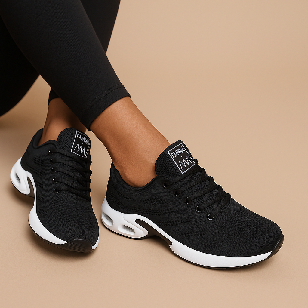 Comfortable women’s slip-on walking shoes with breathable mesh in black, beige, grey, and pink, perfect for everyday wear.