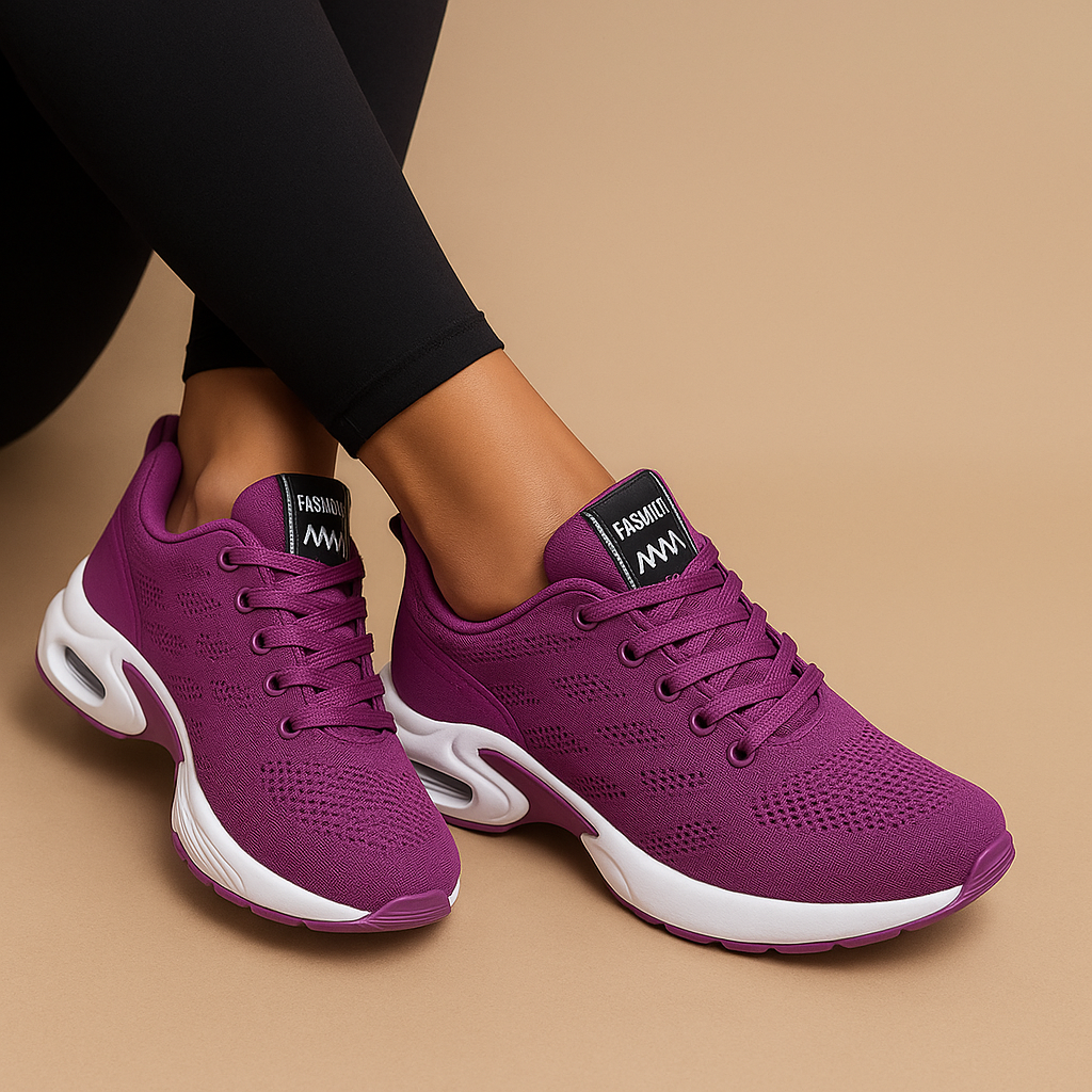 Comfortable women’s slip-on walking shoes with breathable mesh in black, beige, grey, and pink, perfect for everyday wear.