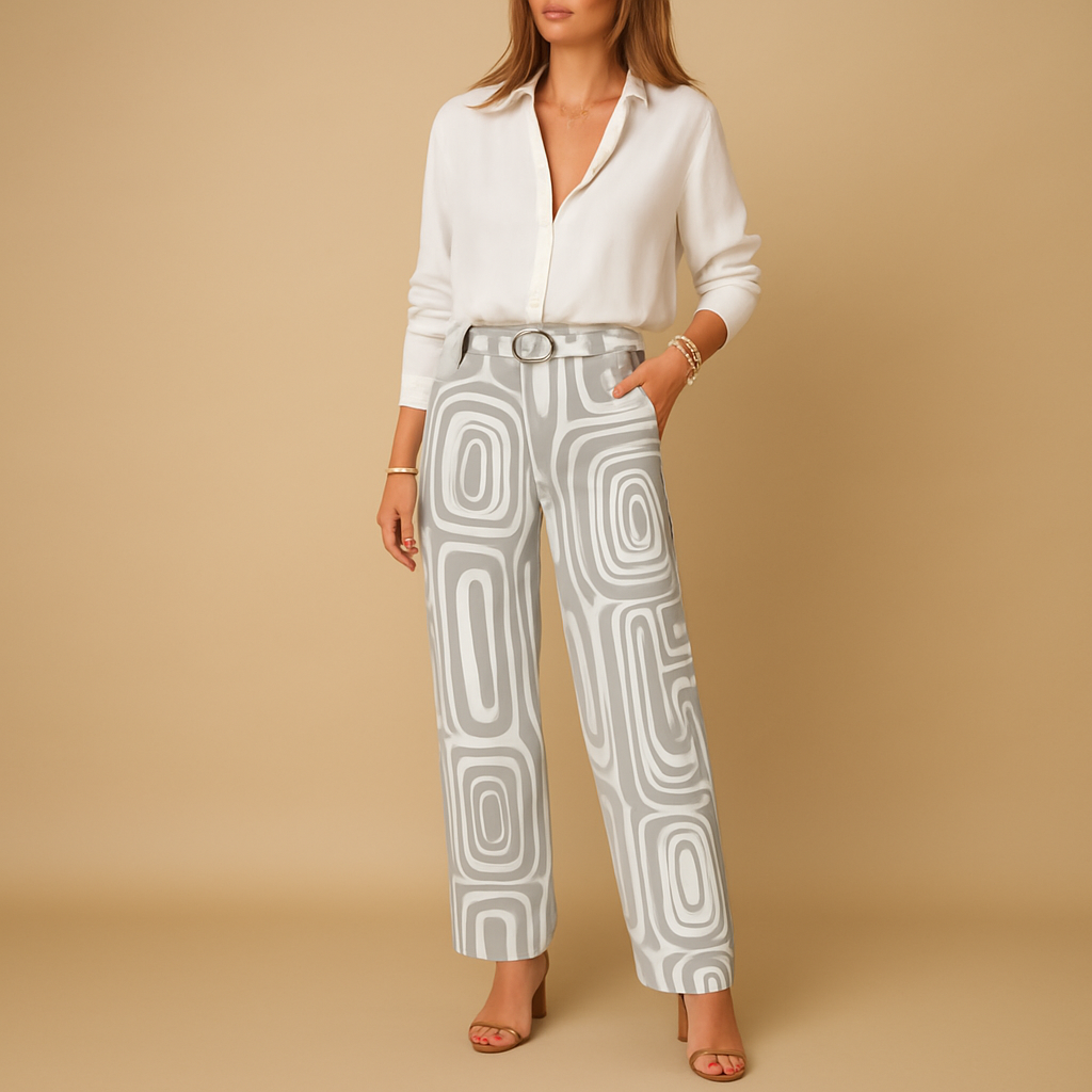 Women’s set with long-sleeve blouse and matching straight trousers, perfect for work, casual wear, or elegant evening looks
