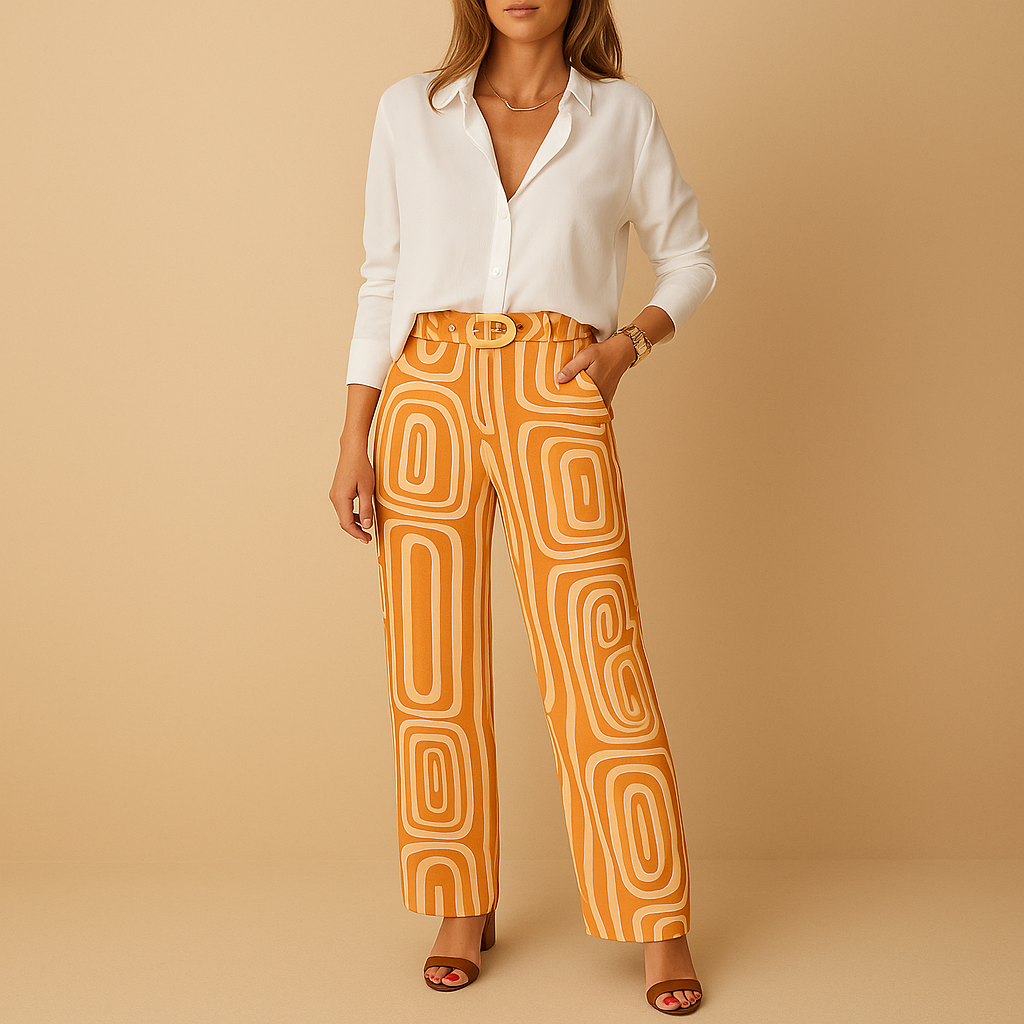 Women’s set with long-sleeve blouse and matching straight trousers, perfect for work, casual wear, or elegant evening looks