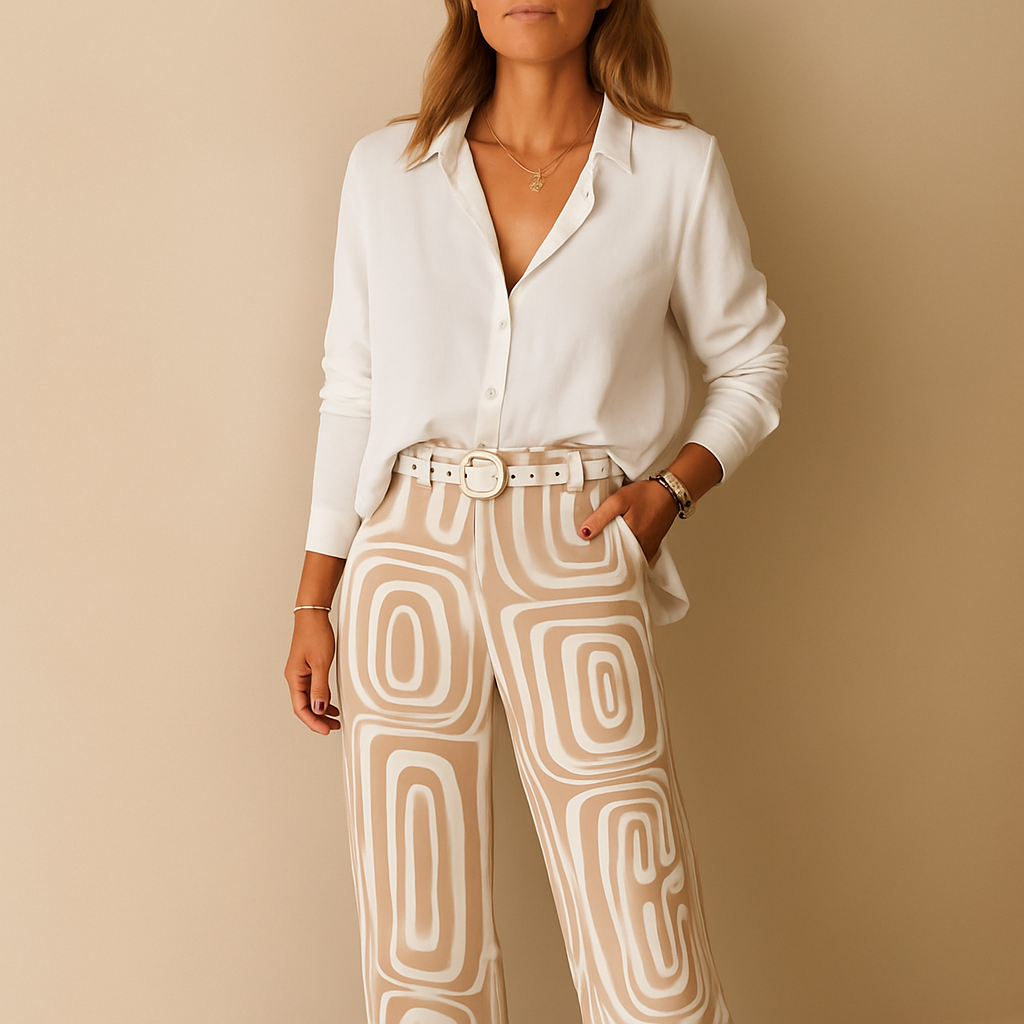 Women’s set with long-sleeve blouse and matching straight trousers, perfect for work, casual wear, or elegant evening looks