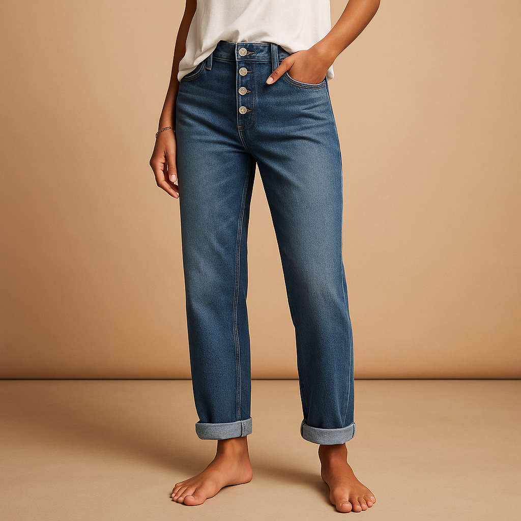 Women’s high-waisted loose fit jeans in classic denim blue with wide legs, ideal for casual and trendy outfits