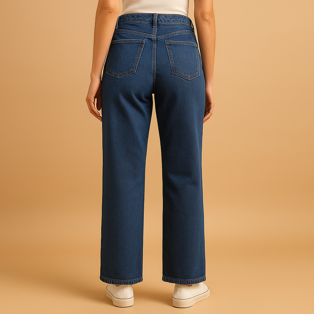 Women’s high-waisted loose fit jeans in classic denim blue with wide legs, ideal for casual and trendy outfits