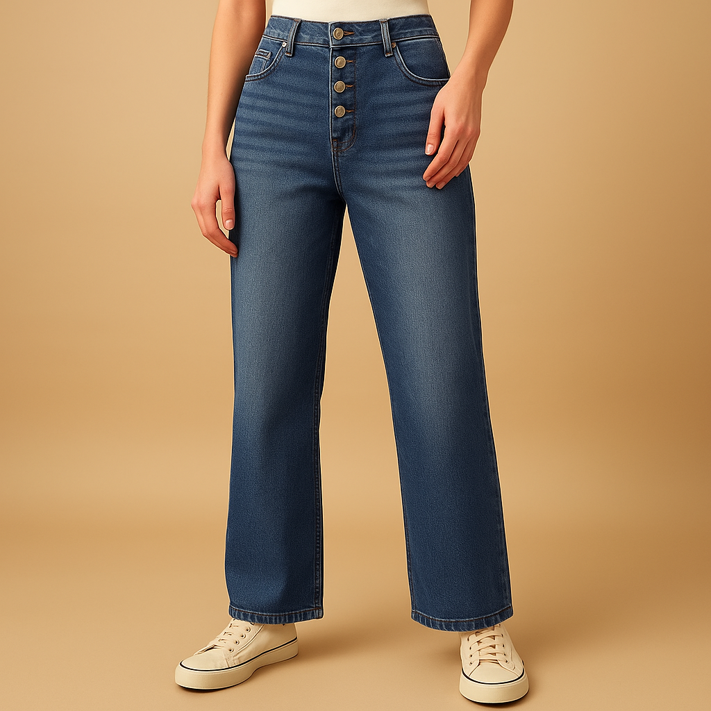 Women’s high-waisted loose fit jeans in classic denim blue with wide legs, ideal for casual and trendy outfits