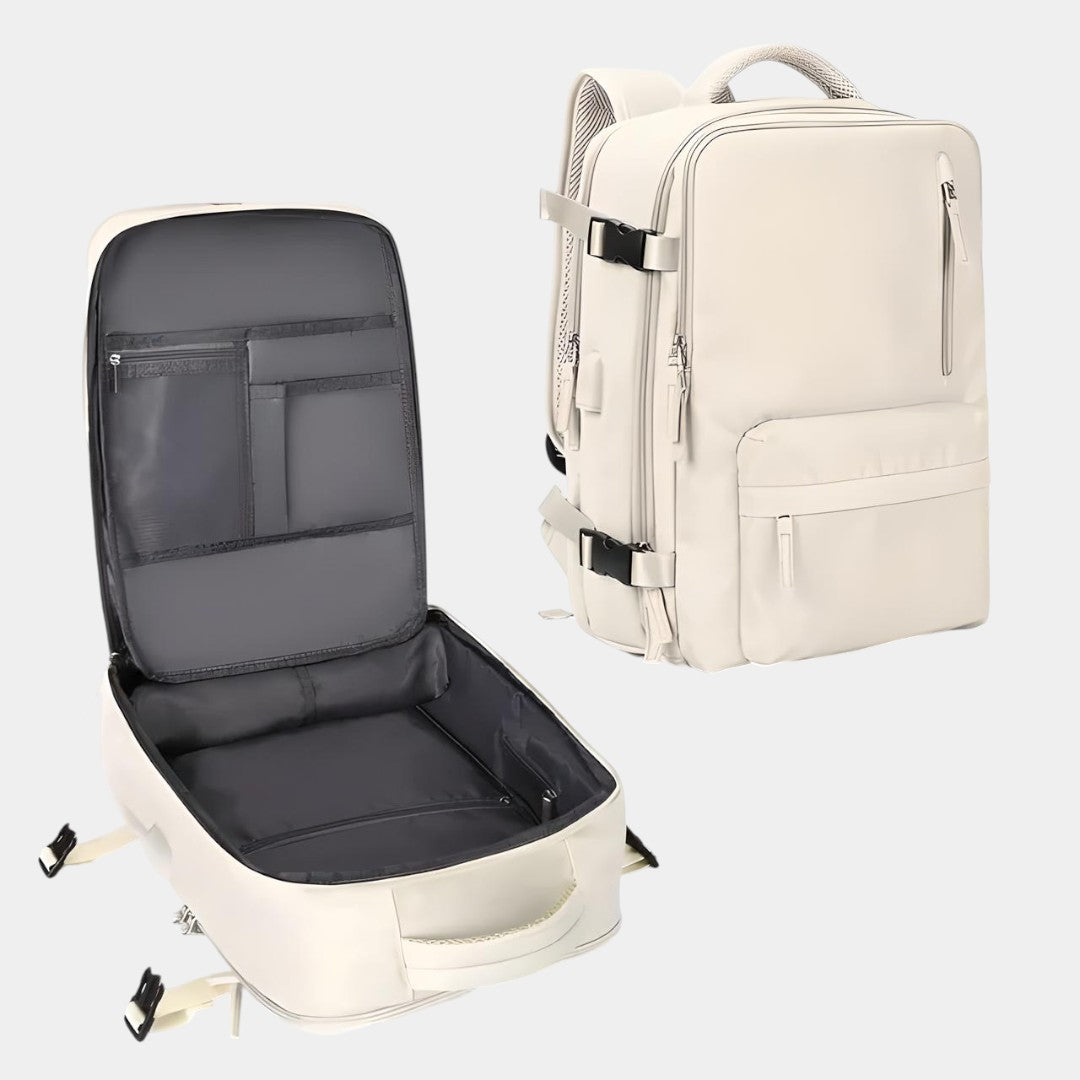 Women’s travel backpack with anti-theft pockets, laptop sleeve, wet compartment, and 180° flip opening for organised travel