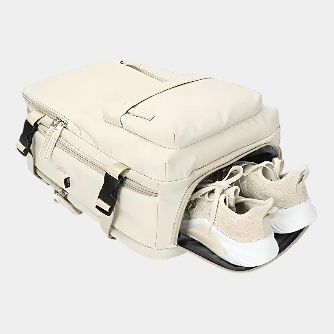 Women’s travel backpack with anti-theft pockets, laptop sleeve, wet compartment, and 180° flip opening for organised travel