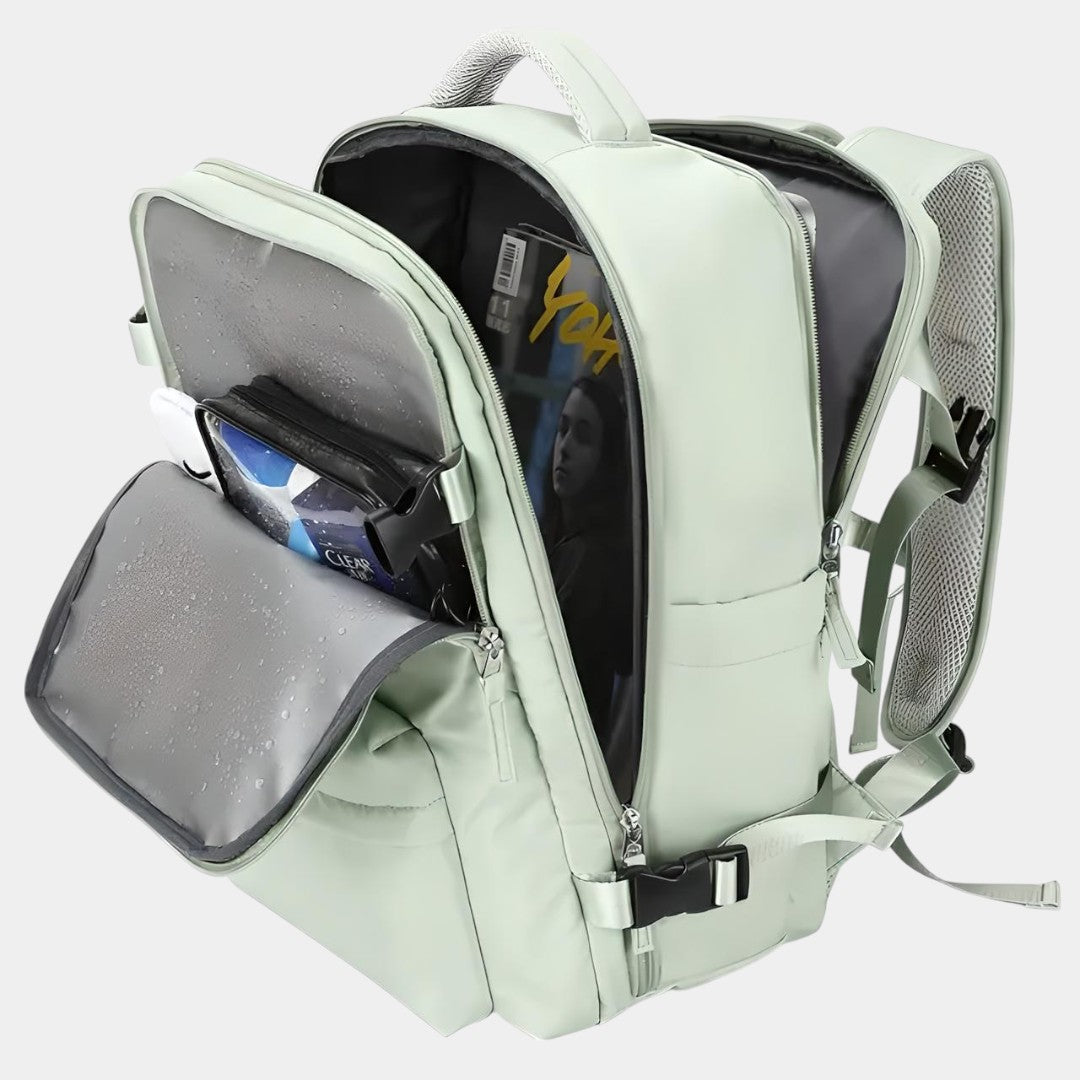 Women’s travel backpack with anti-theft pockets, laptop sleeve, wet compartment, and 180° flip opening for organised travel
