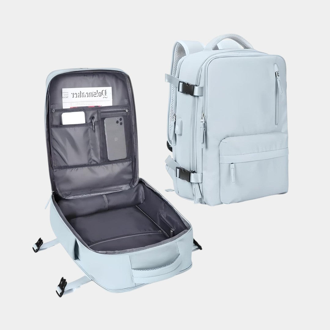 Women’s travel backpack with anti-theft pockets, laptop sleeve, wet compartment, and 180° flip opening for organised travel
