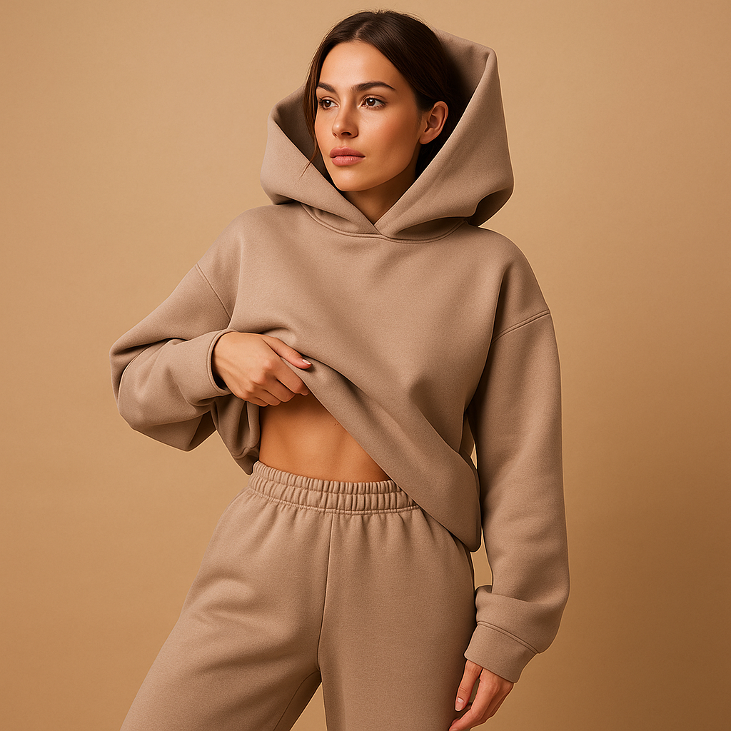 Women’s oversized hoodie and jogger set in beige, black, grey, green, blue, pink, and white, perfect for lounging or casual comfort on the go