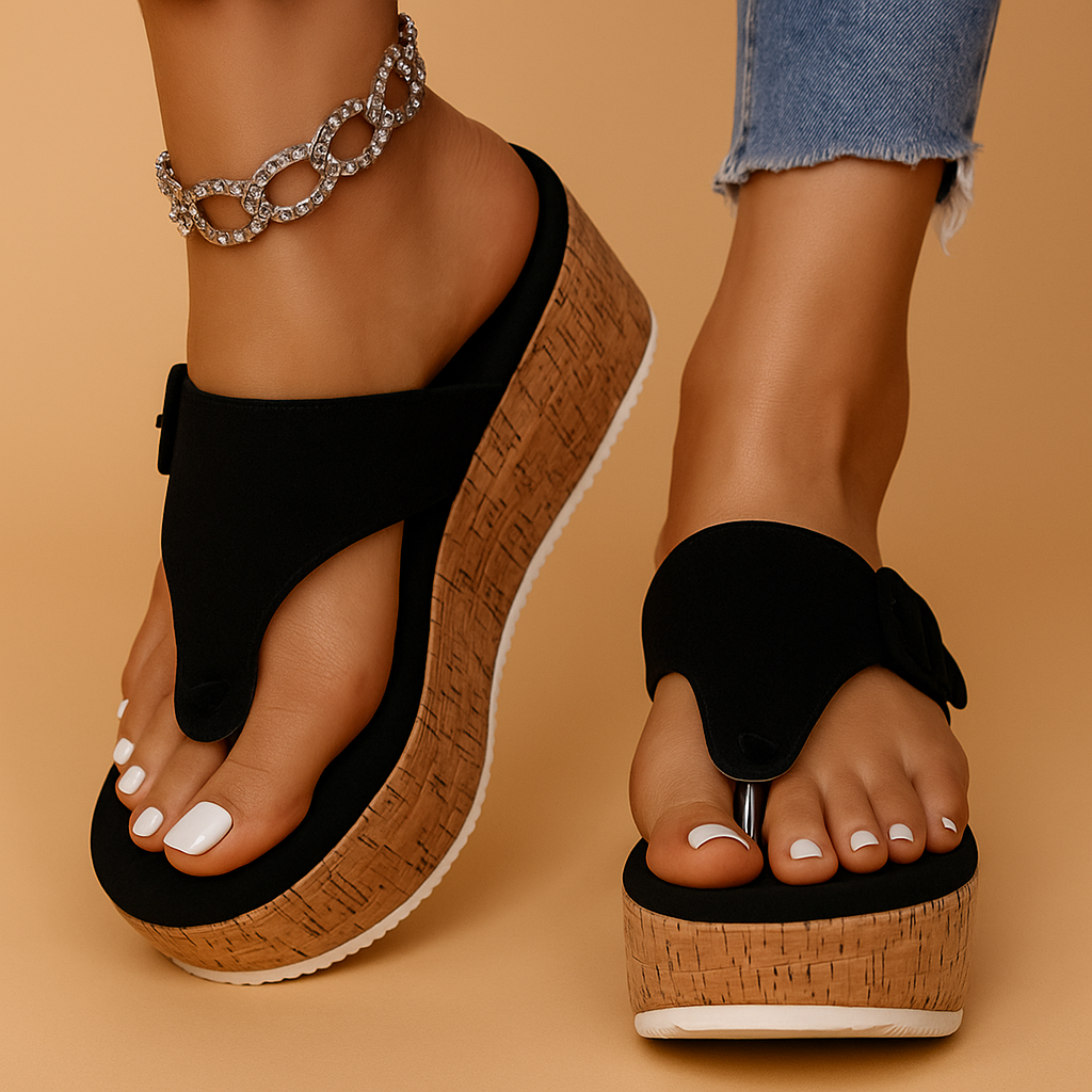 Women’s platform sandals with adjustable straps, raised sole for posture support, and non-slip base in black, beige, and light pink.