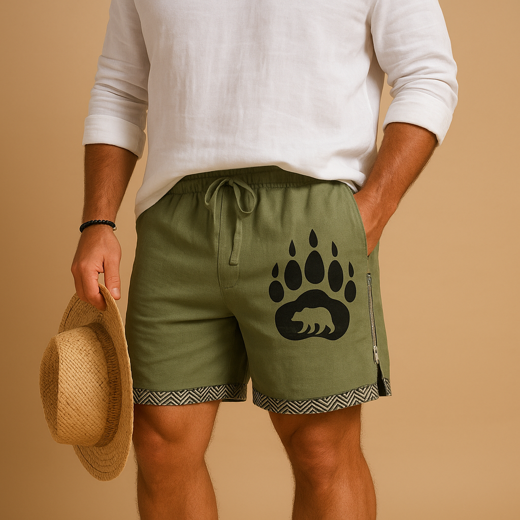 Men’s printed summer shorts with breathable fabric, relaxed fit, and adjustable drawstring waist, available in brown, grey, blue, and green prints.