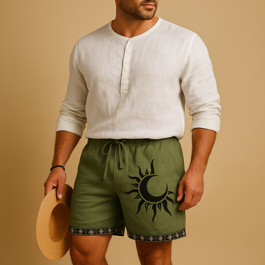 Men’s printed summer shorts with breathable fabric, relaxed fit, and adjustable drawstring waist, available in brown, grey, blue, and green prints.