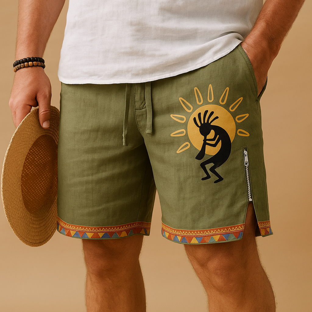 Men’s printed summer shorts with breathable fabric, relaxed fit, and adjustable drawstring waist, available in brown, grey, blue, and green prints.