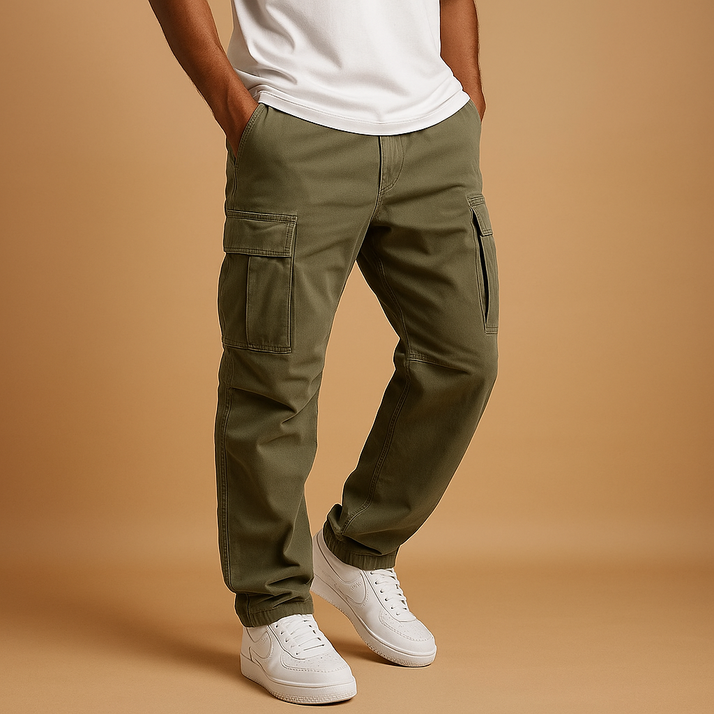 Men’s regular fit cargo trousers made from a soft cotton blend with multiple pockets, ideal for casual wear, work, and travel.