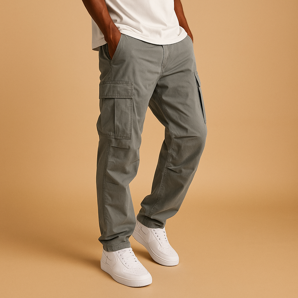 Men’s regular fit cargo trousers made from a soft cotton blend with multiple pockets, ideal for casual wear, work, and travel.
