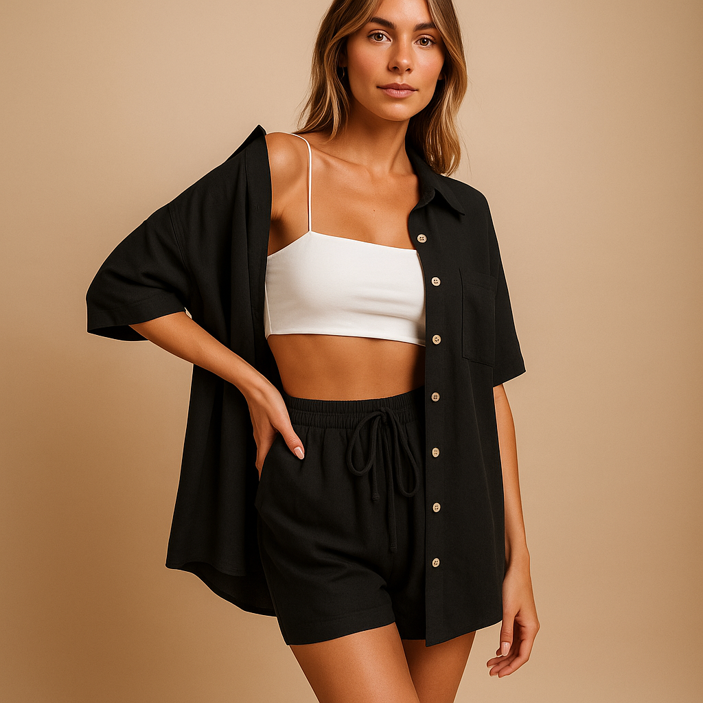 Two-piece women’s loungewear set with half-length cardigan and drawstring shorts in solid summer colors for beach and home use