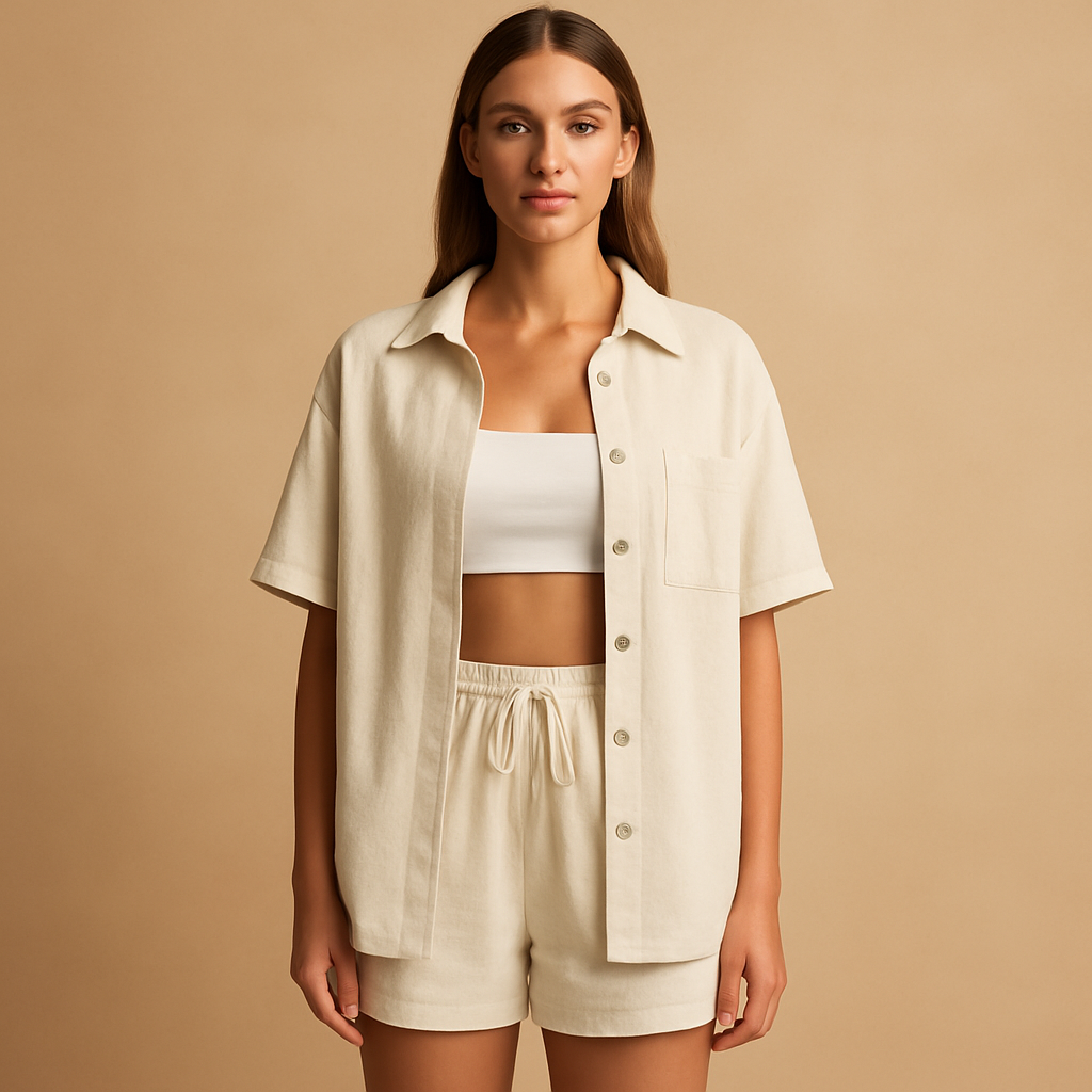 Two-piece women’s loungewear set with half-length cardigan and drawstring shorts in solid summer colors for beach and home use