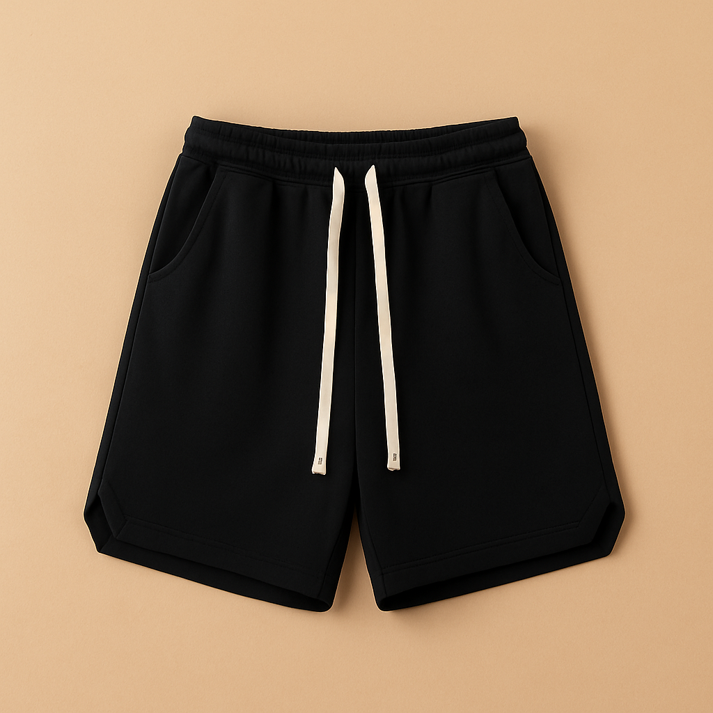 Men’s retro sports shorts with knee length, loose fit, and elastic waistband in dark blue, grey, black, and army green.