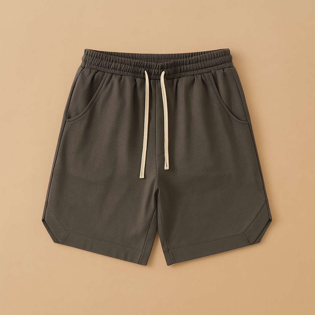 Men’s retro sports shorts with knee length, loose fit, and elastic waistband in dark blue, grey, black, and army green.