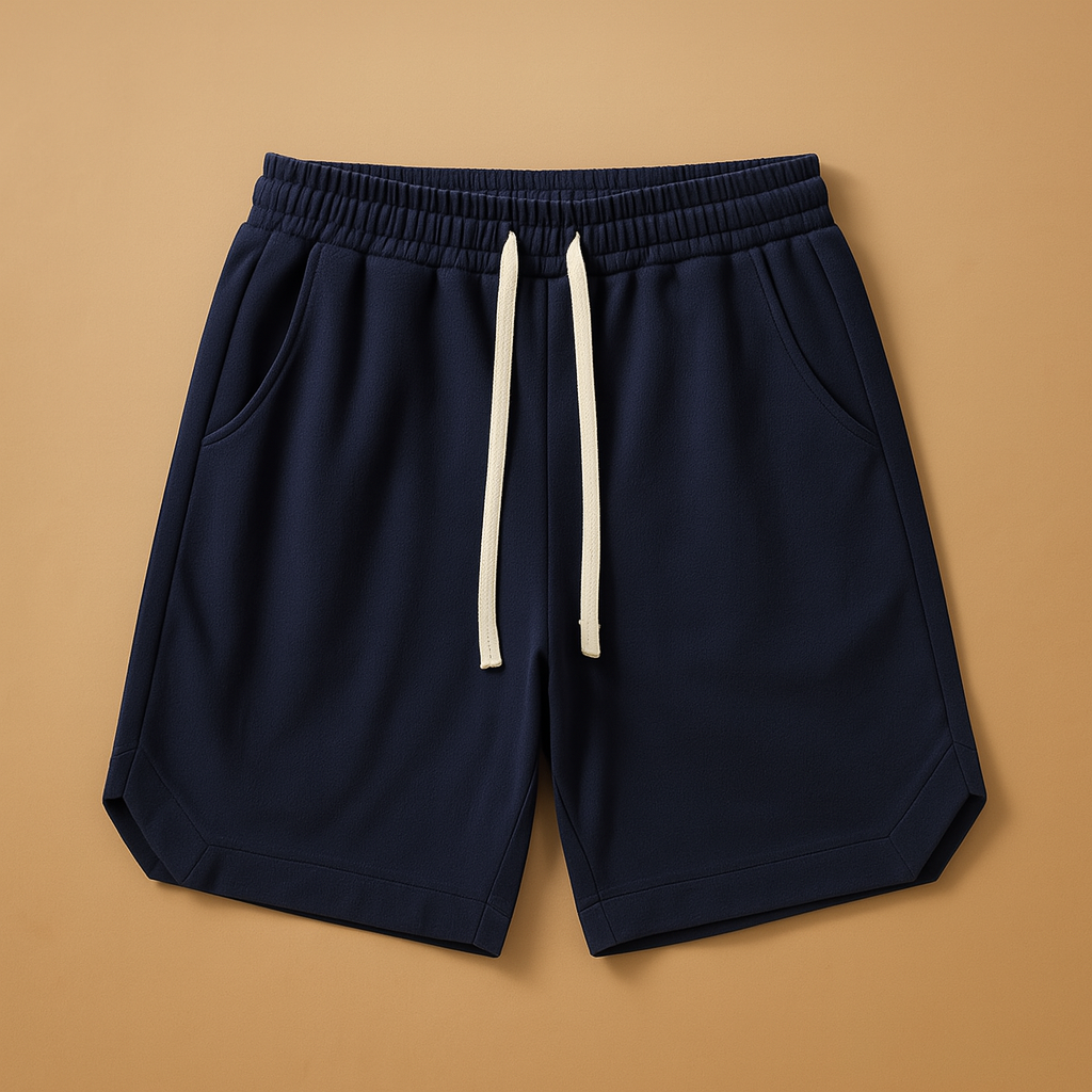 Men’s retro sports shorts with knee length, loose fit, and elastic waistband in dark blue, grey, black, and army green.