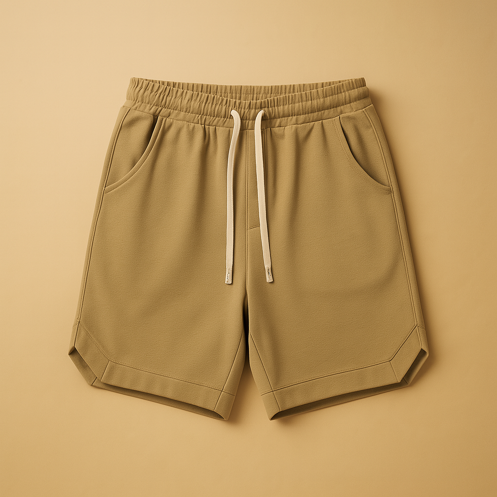 Men’s retro sports shorts with knee length, loose fit, and elastic waistband in dark blue, grey, black, and army green.