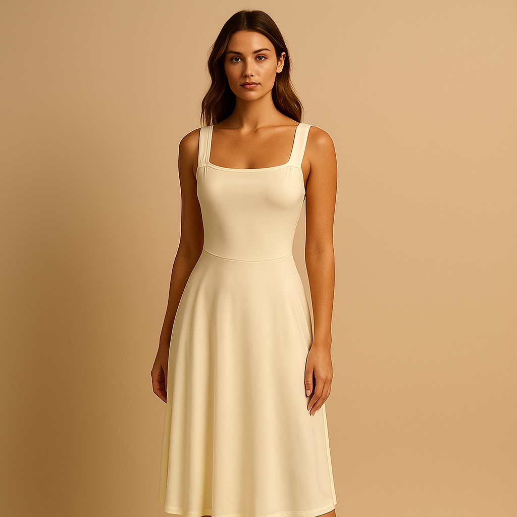 Women’s sleeveless midi dress in a minimalist solid design, ideal for summer events, formal occasions, and stylish daywear