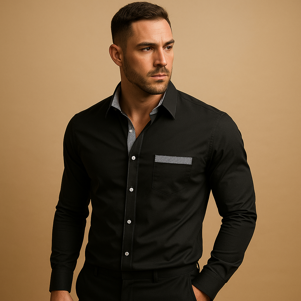 Men’s slim fit dress shirt with breathable fabric, classic collar, and versatile colours, ideal for business or casual wear.