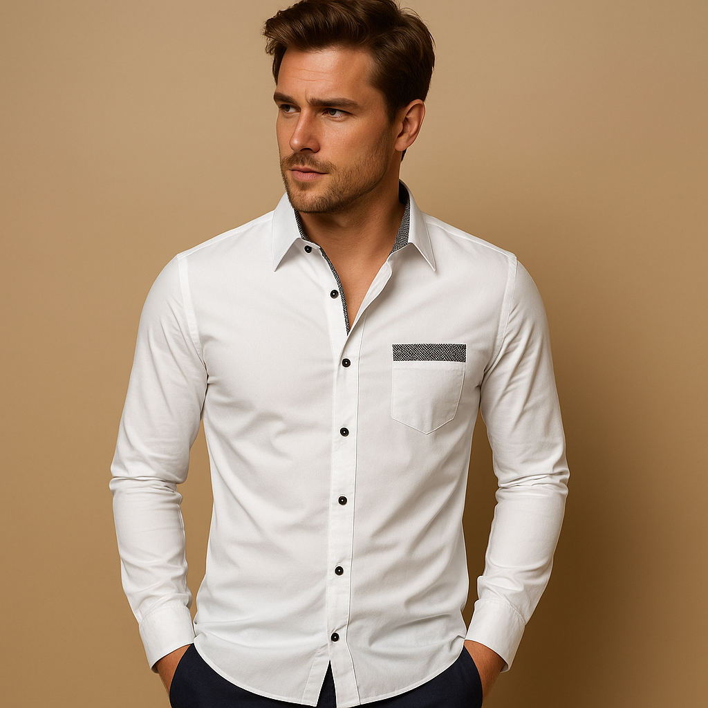 Men’s slim fit dress shirt with breathable fabric, classic collar, and versatile colours, ideal for business or casual wear.