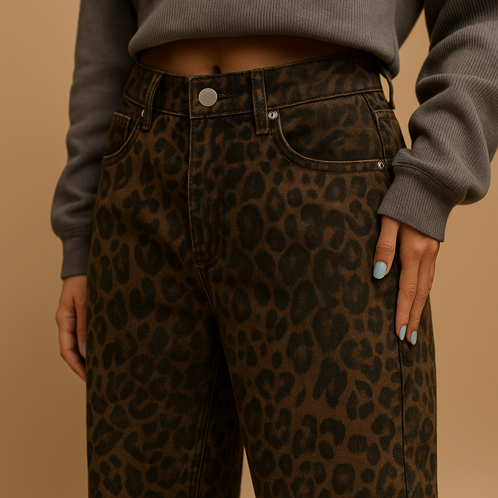 Women’s slim fit jeans with leopard print design and stretch comfort, perfect for bold everyday and evening outfits