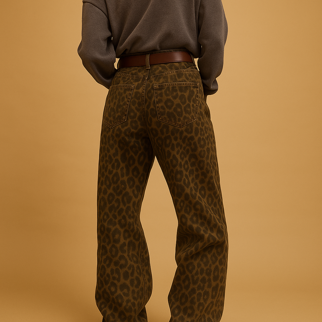 Women’s slim fit jeans with leopard print design and stretch comfort, perfect for bold everyday and evening outfits