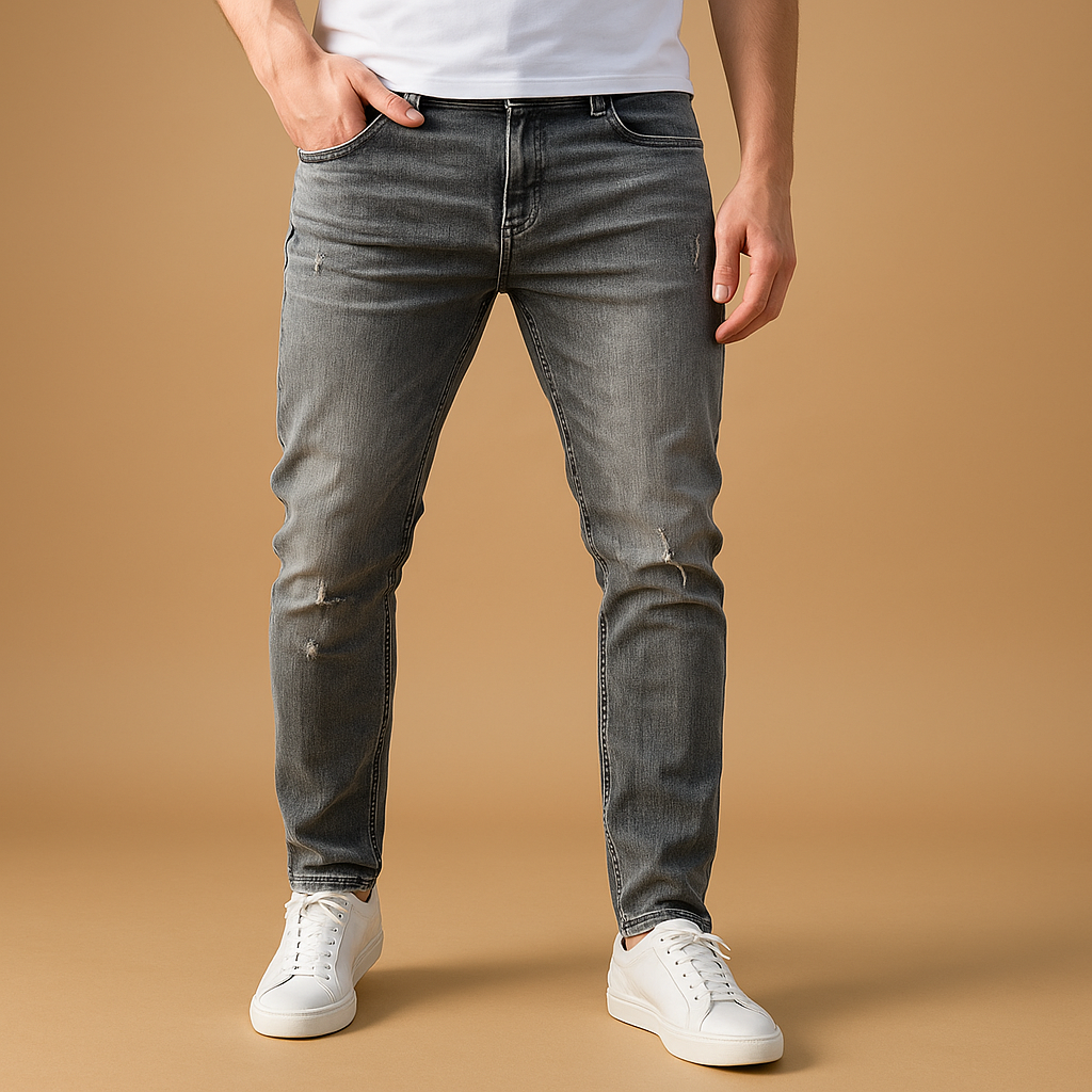 Men’s slim fit ripped jeans made from durable stretch denim with urban distressed details, perfect for streetwear in autumn and winter.