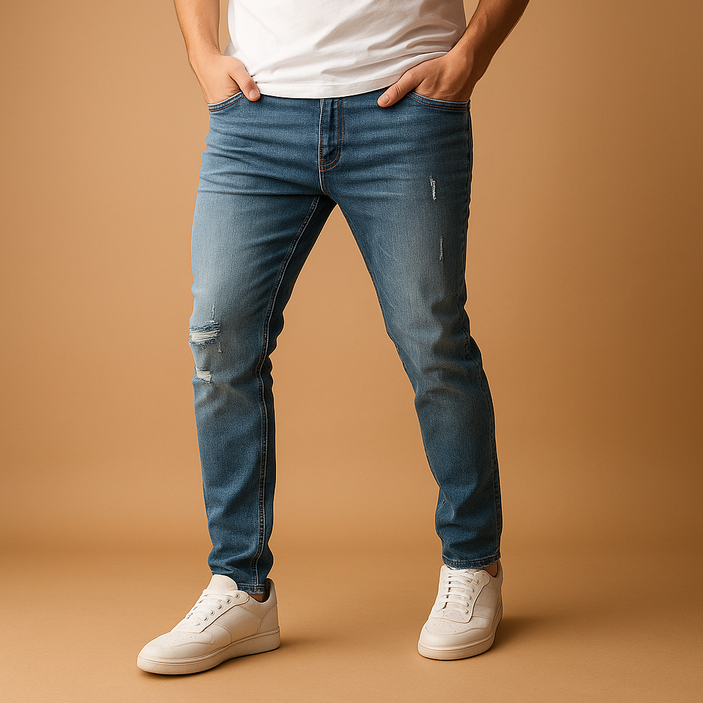 Men’s slim fit ripped jeans made from durable stretch denim with urban distressed details, perfect for streetwear in autumn and winter.