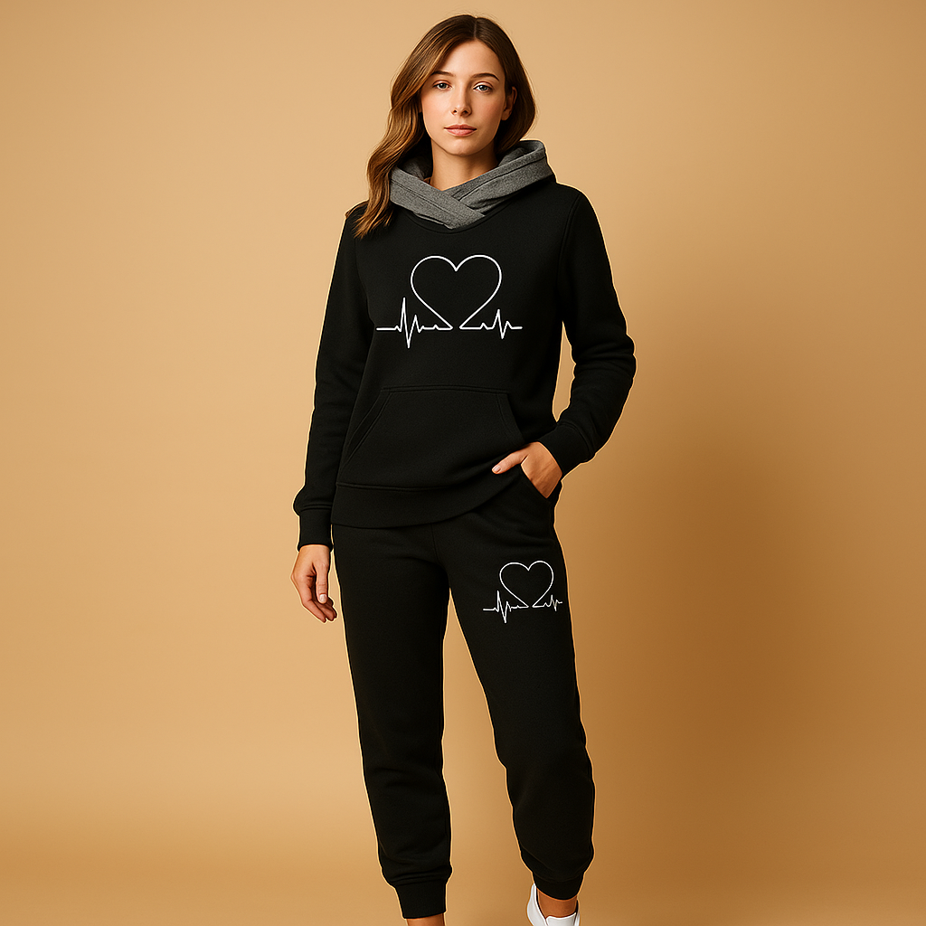 Women’s jogging set with zip-up jacket and relaxed-fit joggers in a modern streetwear design, perfect for home, errands, or weekend wear