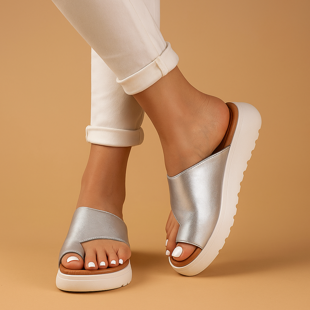 Women’s supportive corrective sandals with anatomically shaped footbed, adjustable straps, and open structure in beige, black, and light pink.