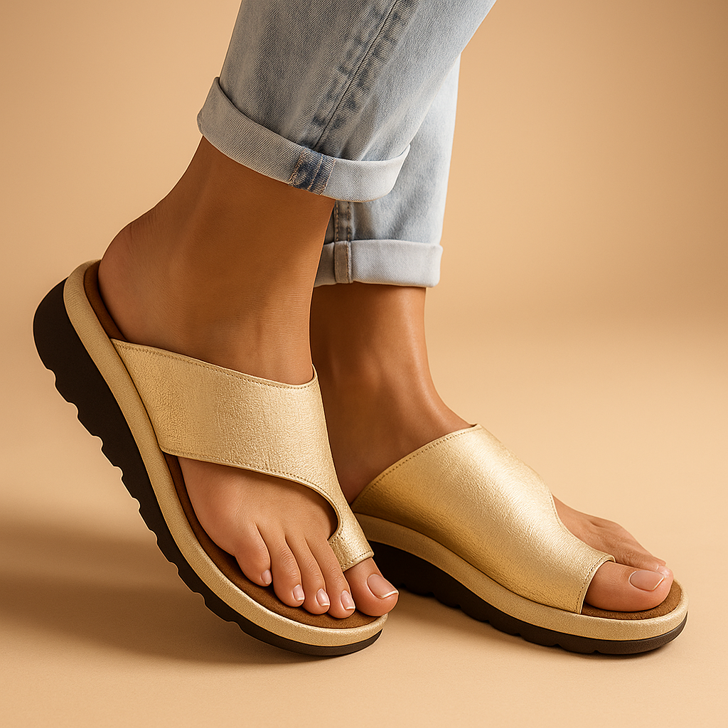 Women’s supportive corrective sandals with anatomically shaped footbed, adjustable straps, and open structure in beige, black, and light pink.