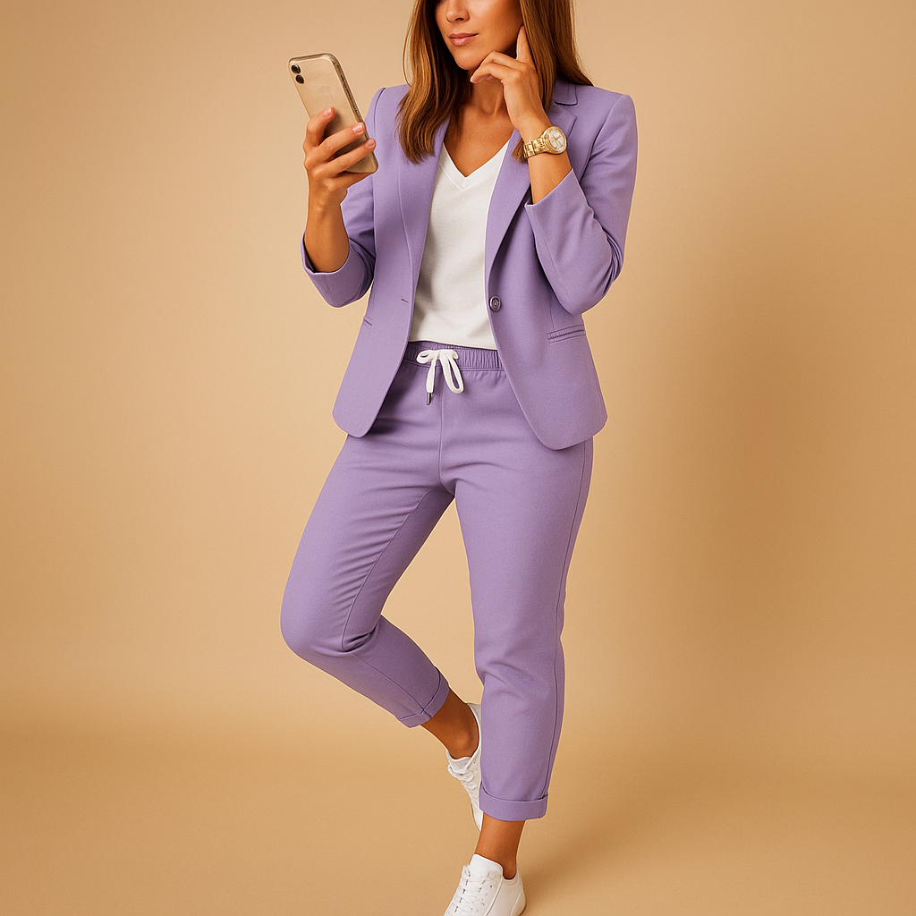 Women’s tailored blazer and trouser set in lavender, black, beige, dark grey, and auburn—perfect for workdays and elegant evenings