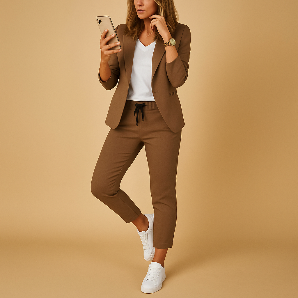 Women’s tailored blazer and trouser set in lavender, black, beige, dark grey, and auburn—perfect for workdays and elegant evenings