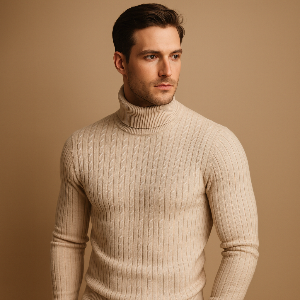 Men’s turtleneck sweater with soft knitted fabric, roll neck for extra warmth, and timeless design for casual or elegant winter outfits.