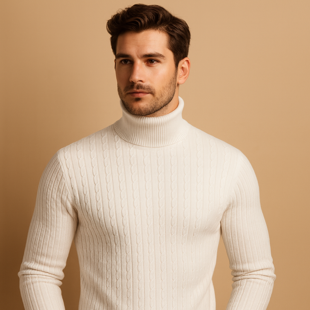 Men’s turtleneck sweater with soft knitted fabric, roll neck for extra warmth, and timeless design for casual or elegant winter outfits.