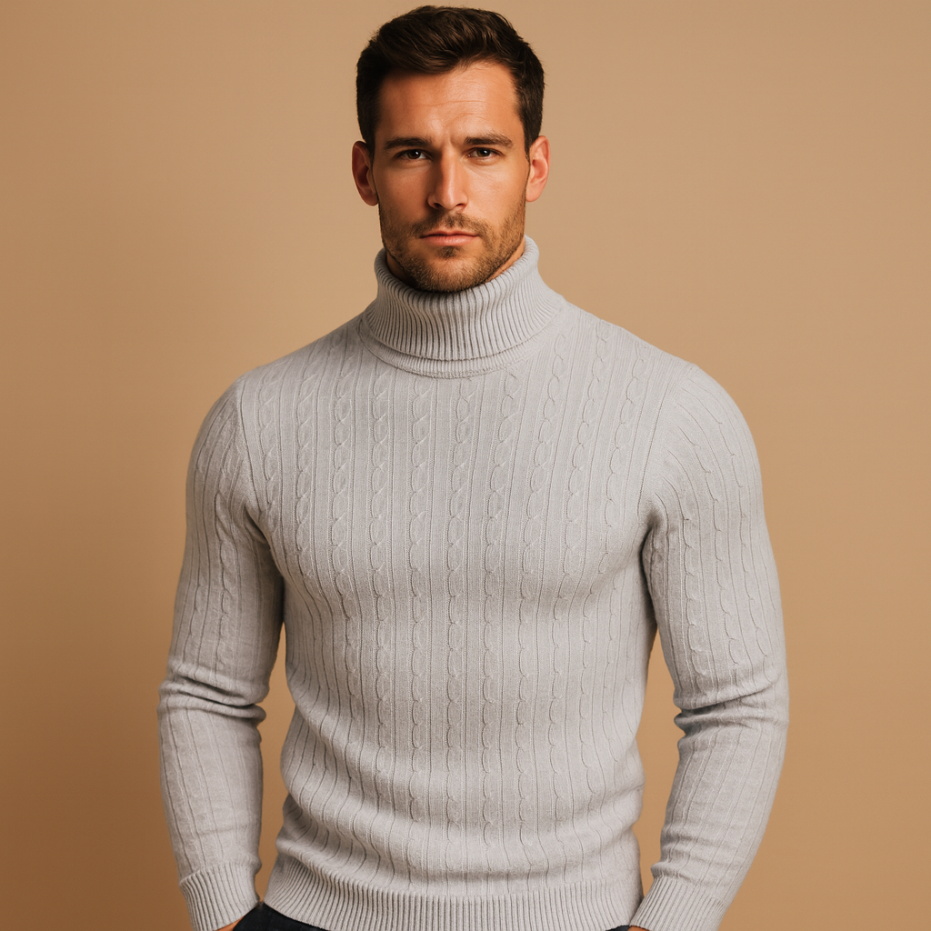 Men’s turtleneck sweater with soft knitted fabric, roll neck for extra warmth, and timeless design for casual or elegant winter outfits.
