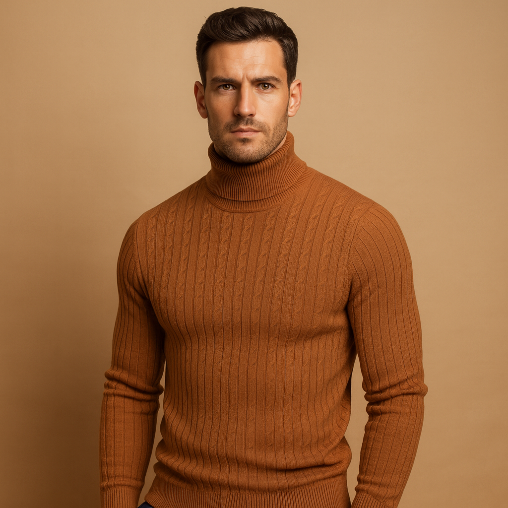 Men’s turtleneck sweater with soft knitted fabric, roll neck for extra warmth, and timeless design for casual or elegant winter outfits.