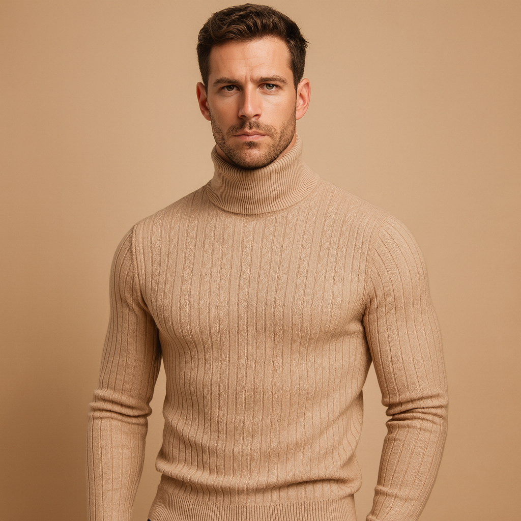 Men’s turtleneck sweater with soft knitted fabric, roll neck for extra warmth, and timeless design for casual or elegant winter outfits.