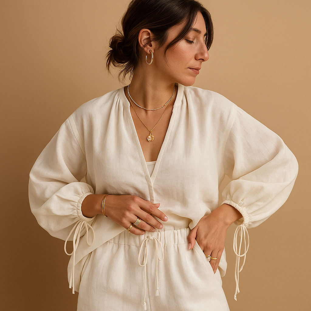 Women’s summer outfit with V-neck top and white ruffled shorts, ideal for relaxed days or chic summer evenings