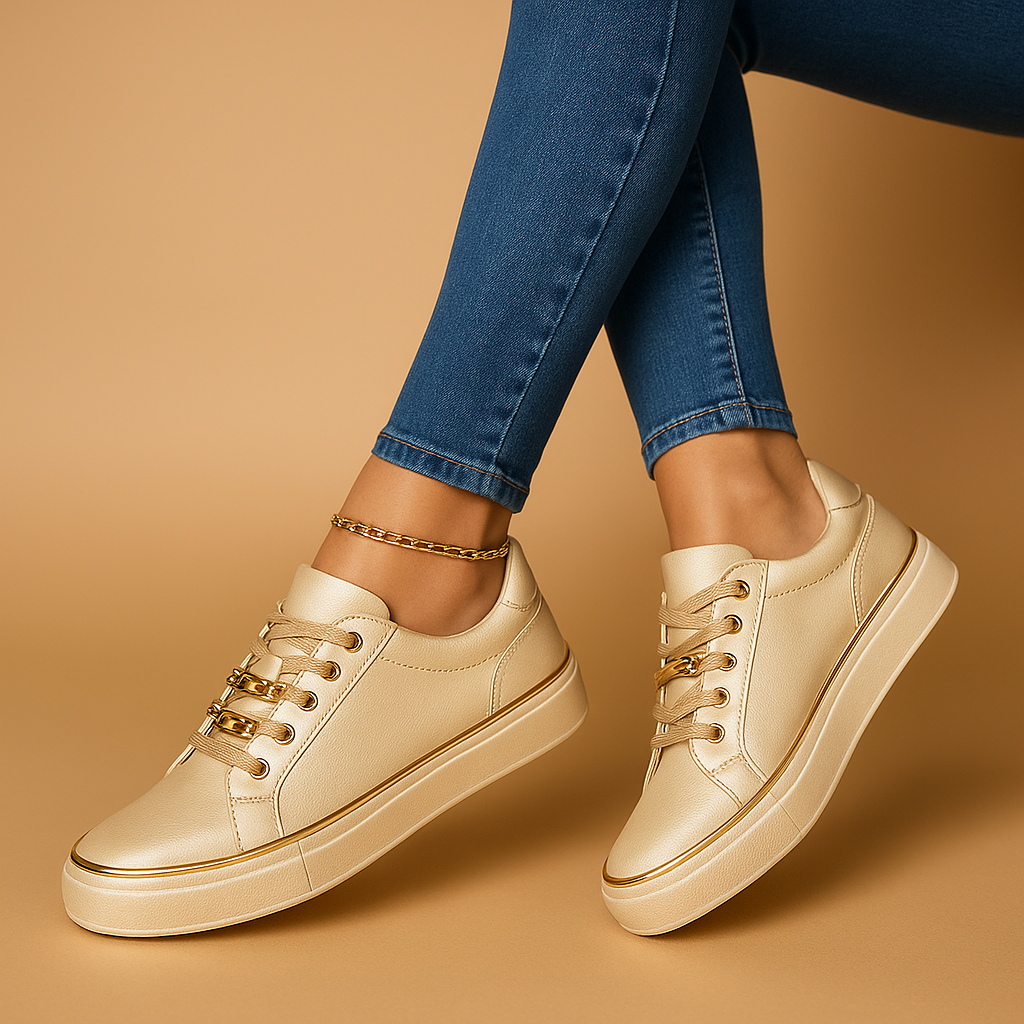 Elegant white sneakers for women with gold heel detail, versatile for casual outfits, travel, and daily wear.