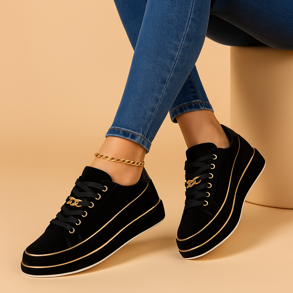 Elegant white sneakers for women with gold heel detail, versatile for casual outfits, travel, and daily wear.